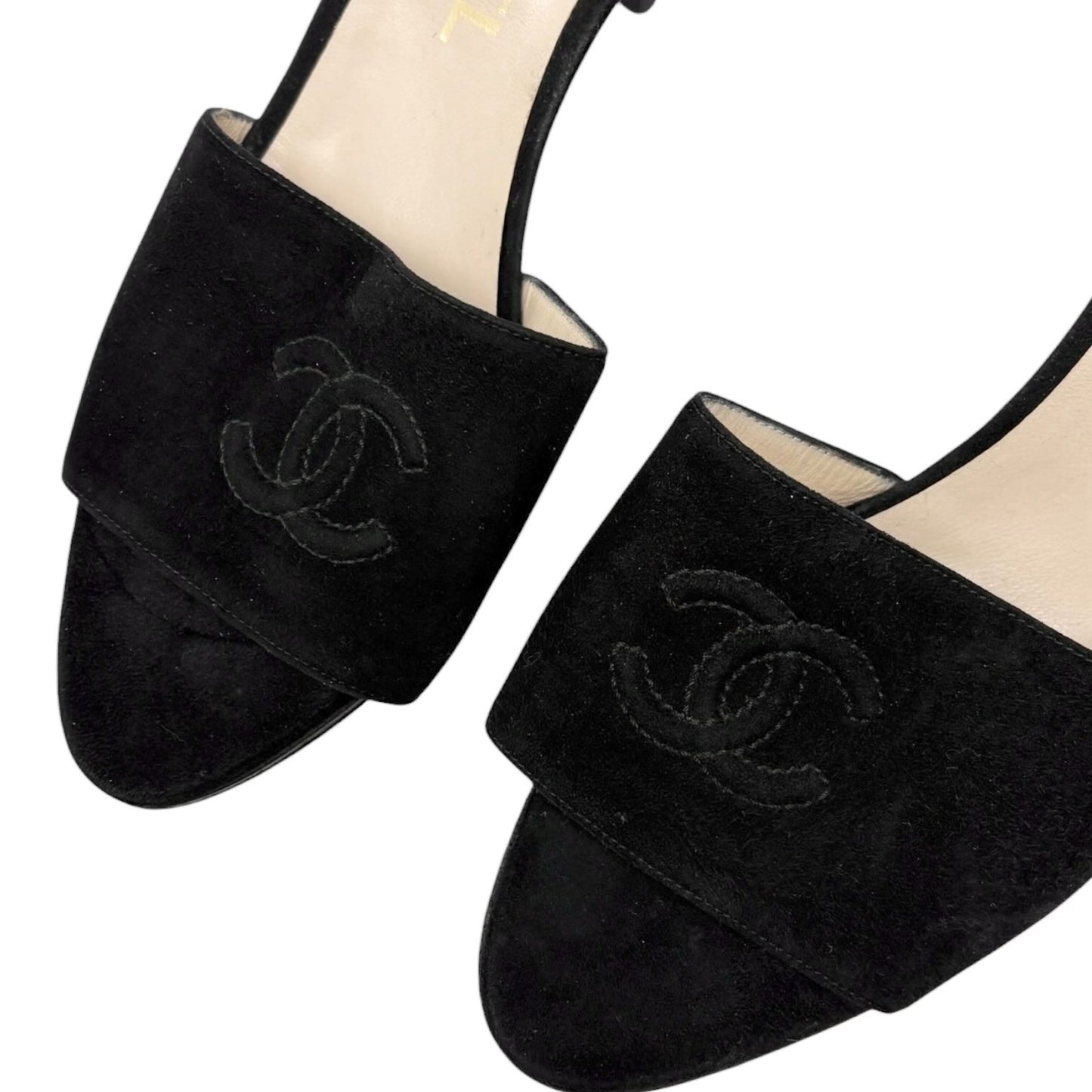 CHANEL Vintage CC Logo Suede Mule Sandals Heels #36 Black Beige 901813
