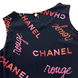 CHANEL Vintage 96P Rouge Logo Sleeveless Top #34 Button Black Silk Rank AB+