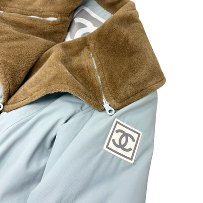 CHANEL Sport Vintage 01A CC Fur Collar Coat Jacket #38 Light Blue Brown 902901