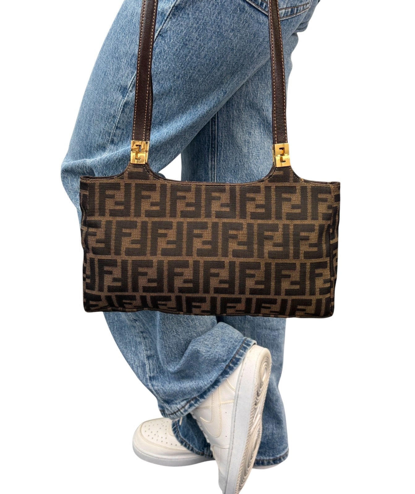 FENDI Vintage FF Zucca Monogram Canvas Shoulder Bag Brown Gold Leather 902063