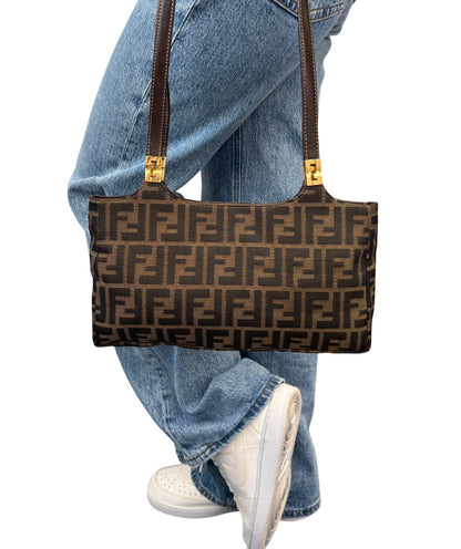 FENDI Vintage FF Zucca Monogram Canvas Shoulder Bag Brown Gold Leather 902063