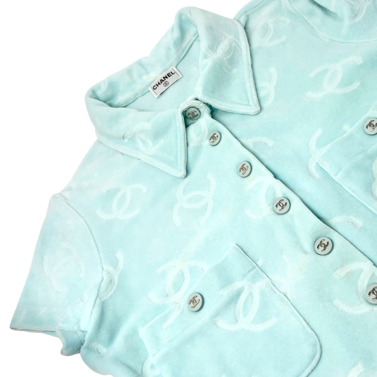 CHANEL Vintage 96A CC Logo Snap Button Velour Shirt Top #38 Light Blue
