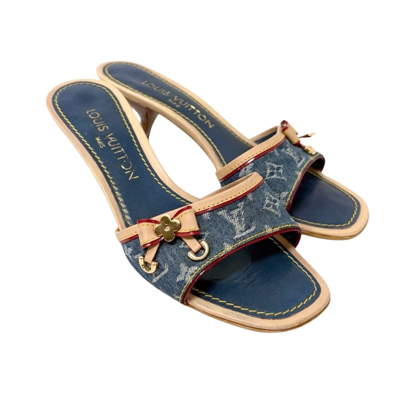 LOUIS VUITTON Vintage LV Monogram Denim Sandals #36 Blue Beige Leather