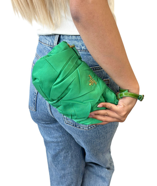 PRADA Vintage Logo Tessuto Nylon Wristlet Mini Pouch Bag Green Gold 901987