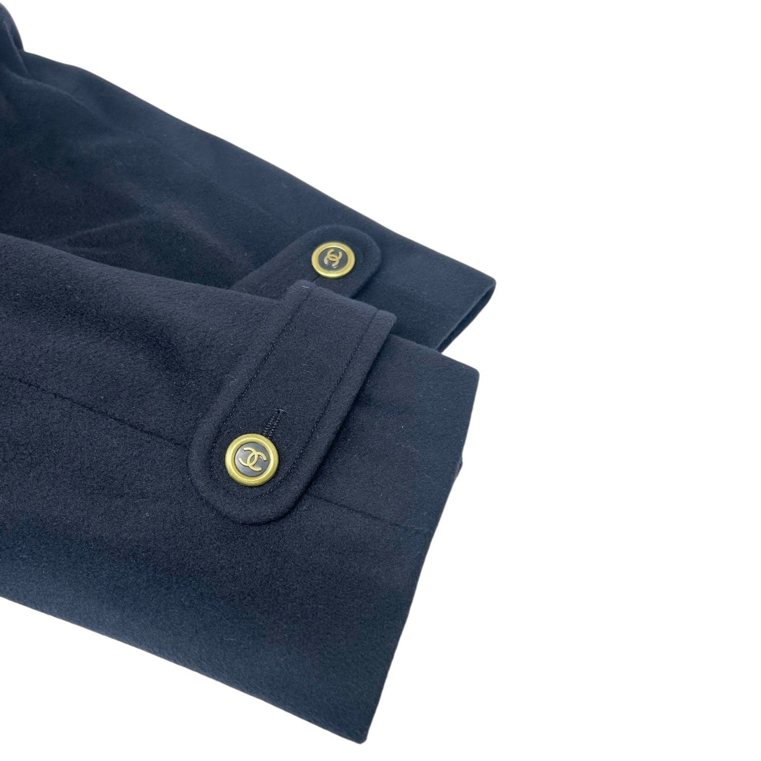 CHANEL Vintage 94A CC Logo Long Coat Button Jacket #40 Dark Blue Gold Cashmere