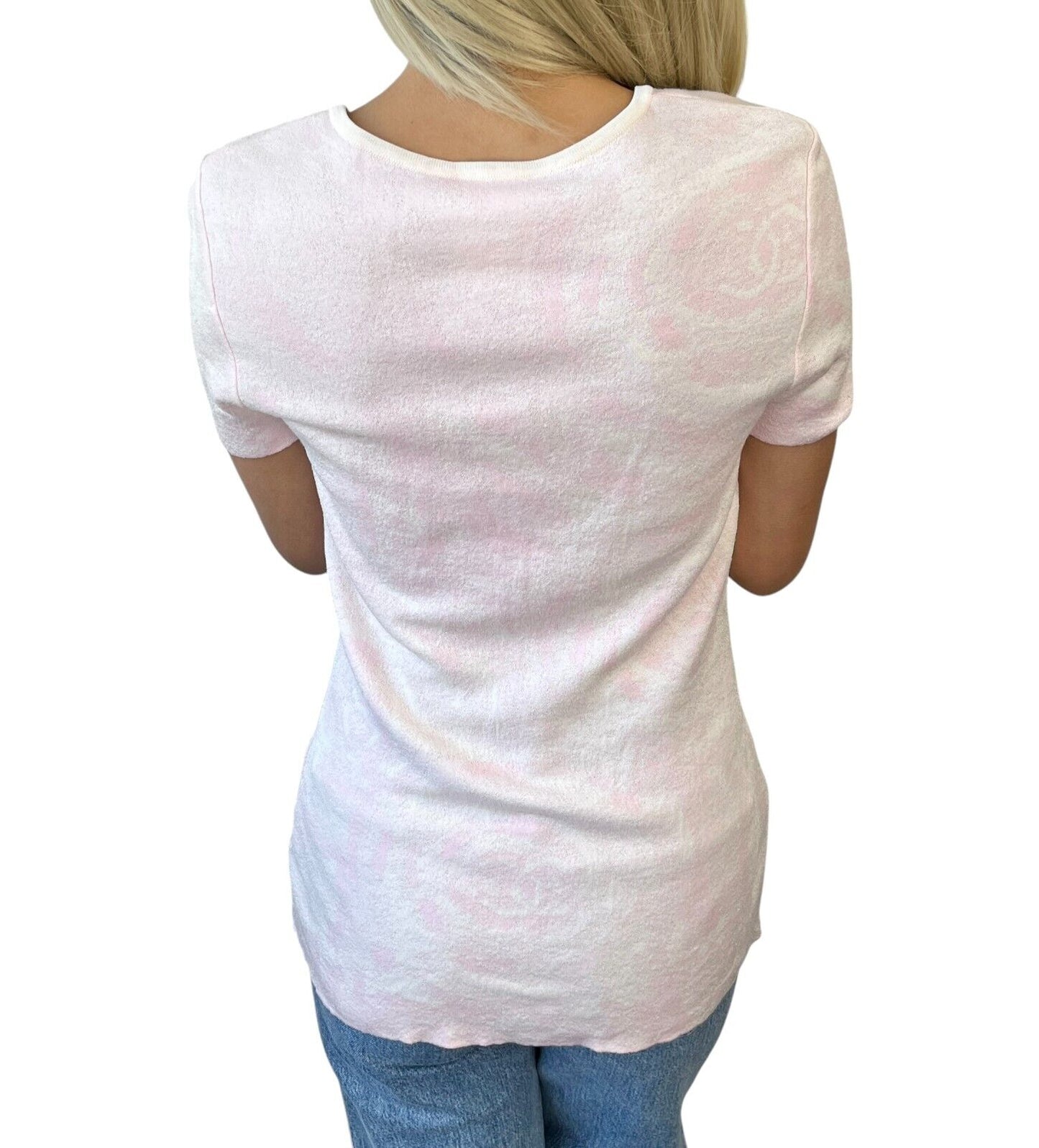 CHANEL Vintage 09C CC Logo T-shirt Knit Top #38 Pink Cotton Rose Short Sleeve