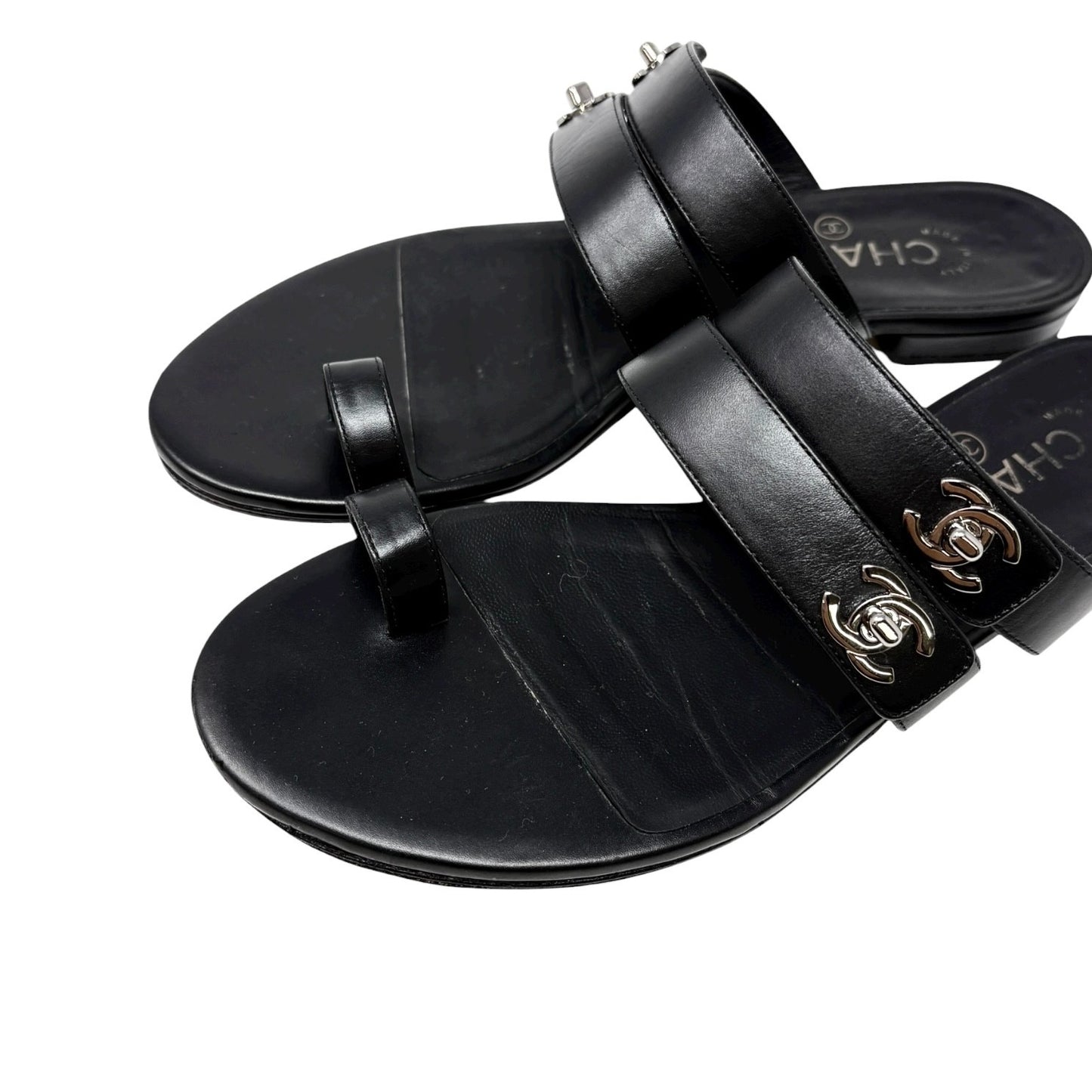 CHANEL Vintage CC Mark Logo Turnlock Flat Thong Sandals #37.5 Black Leather