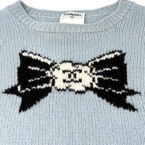 CHANEL Vintage 95A CC Ribbon Logo Sweater #38 Long Sleeve Top Blue Cashmere