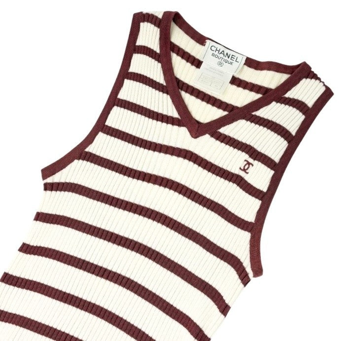 CHANEL Vintage 98P CC Mark Logo Rib Knit Tank Top Striped #40 Red White Cotton