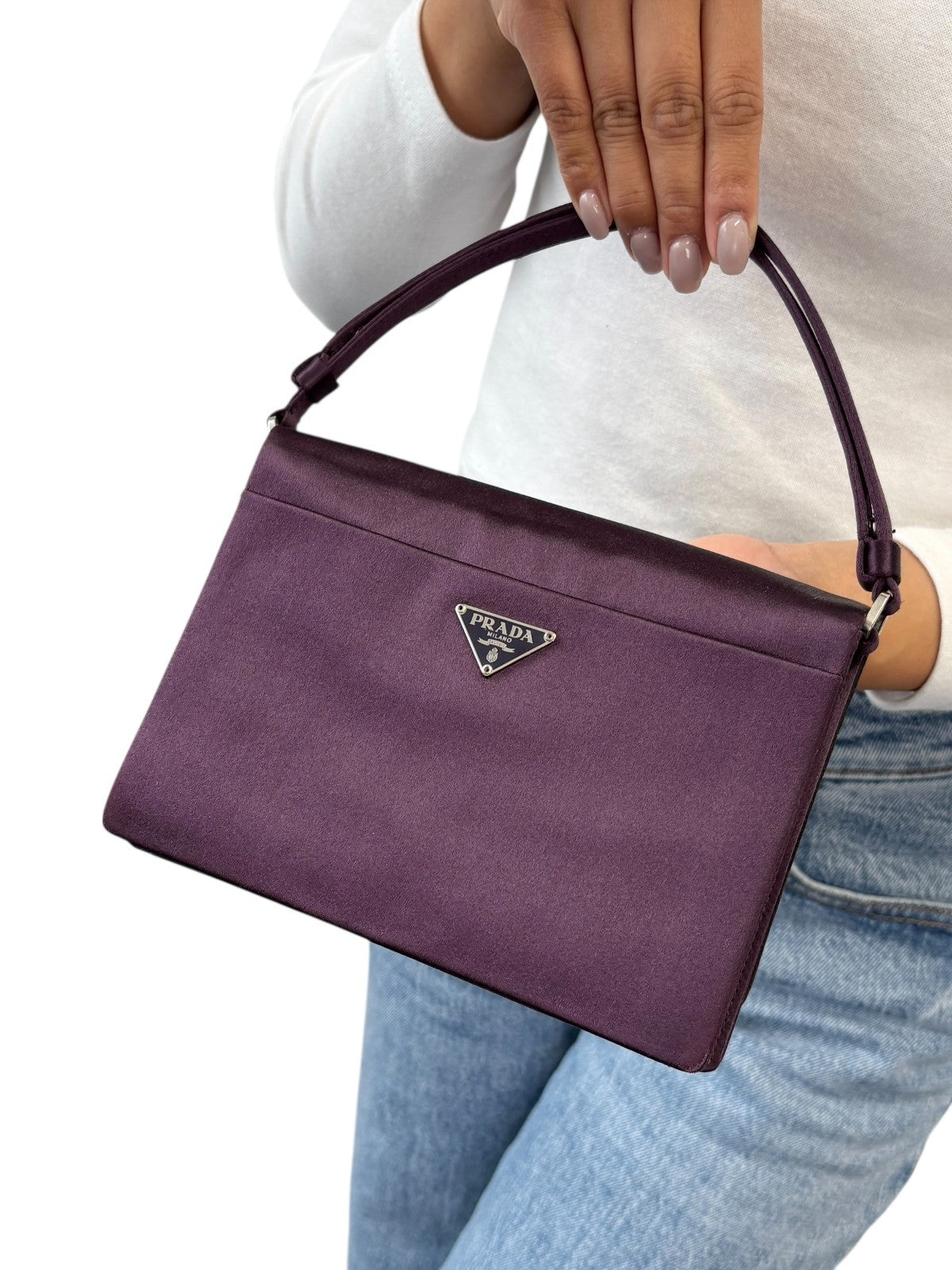 PRADA Vintage Triangle Logo Satin Shoulder Mini Bag Handbag Purple Silver