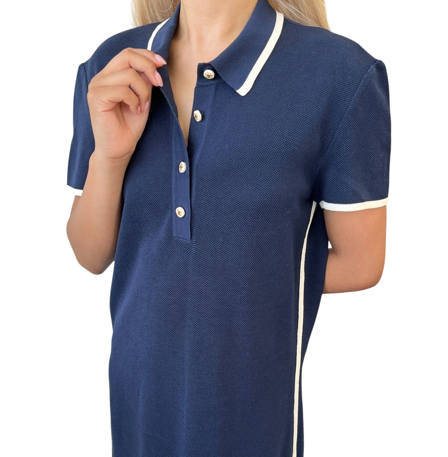 CHANEL Vintage 96C CC Logo Polo Dress One-Piece Button #42 Navy White Cotton