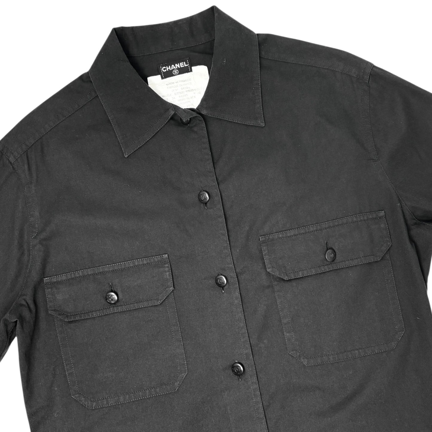 CHANEL Vintage P08155 CC Button Up Oversized Shirt Long Sleeve #36 Black Cotton