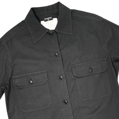 CHANEL Vintage P08155 CC Button Up Oversized Shirt Long Sleeve #36 Black Cotton