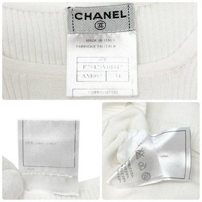 CHANEL Vintage 05P CC Logo Ribbed Knit Top #34 Short Sleeve White Cotton