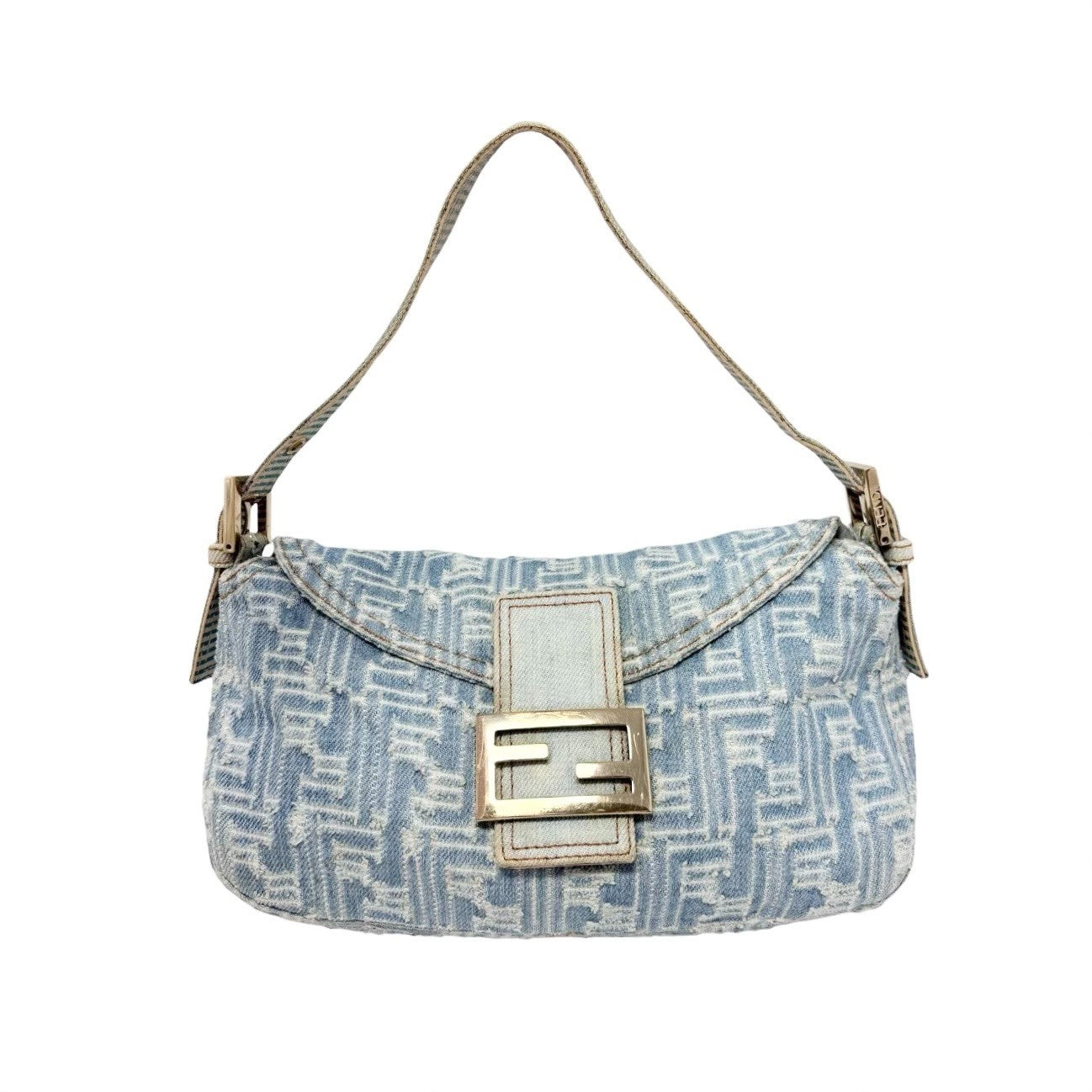 FENDI Vintage FF Zucca Monogram Denim Mamma Baguette Shoulder Bag Blue Gold