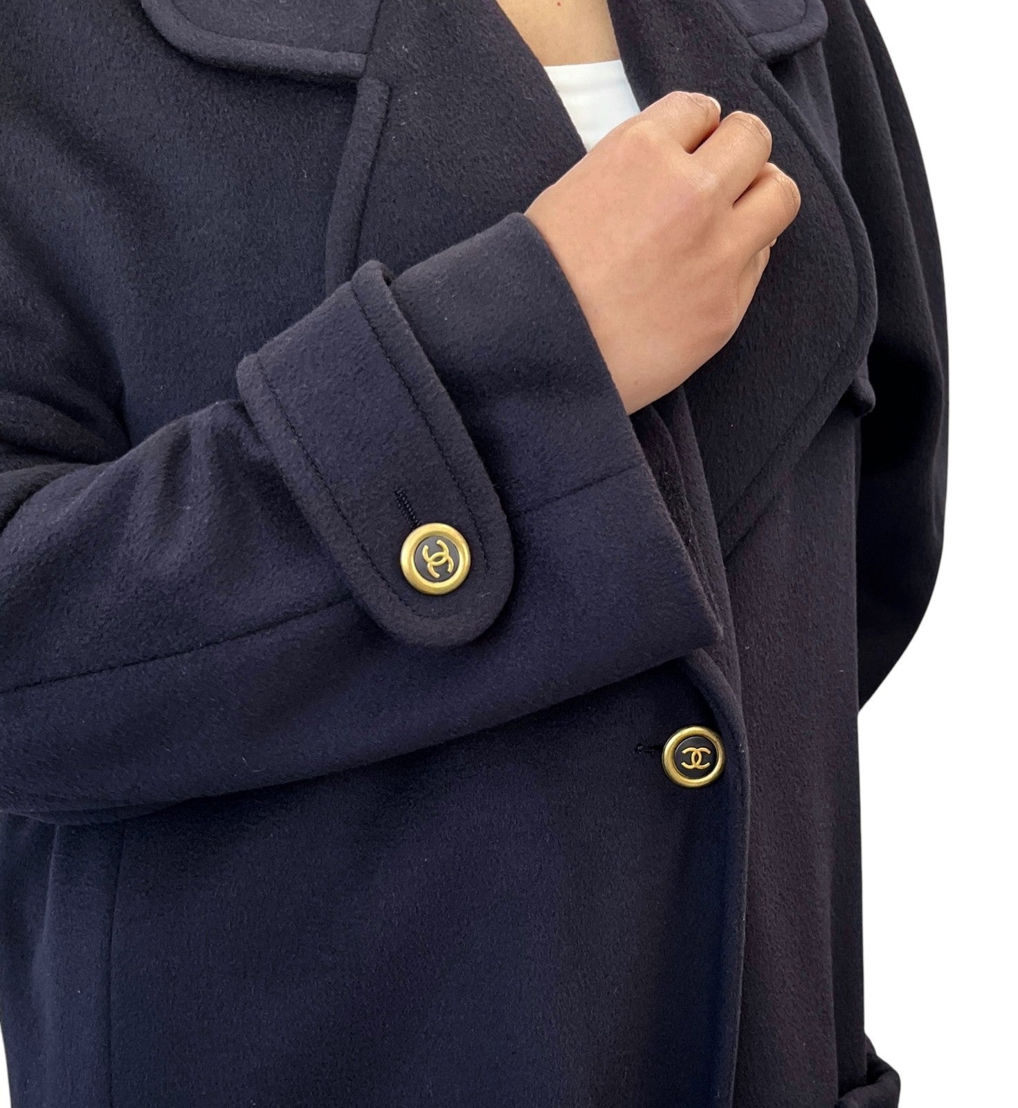 CHANEL Vintage 94A CC Logo Long Coat Button Jacket #40 Dark Blue Gold Cashmere