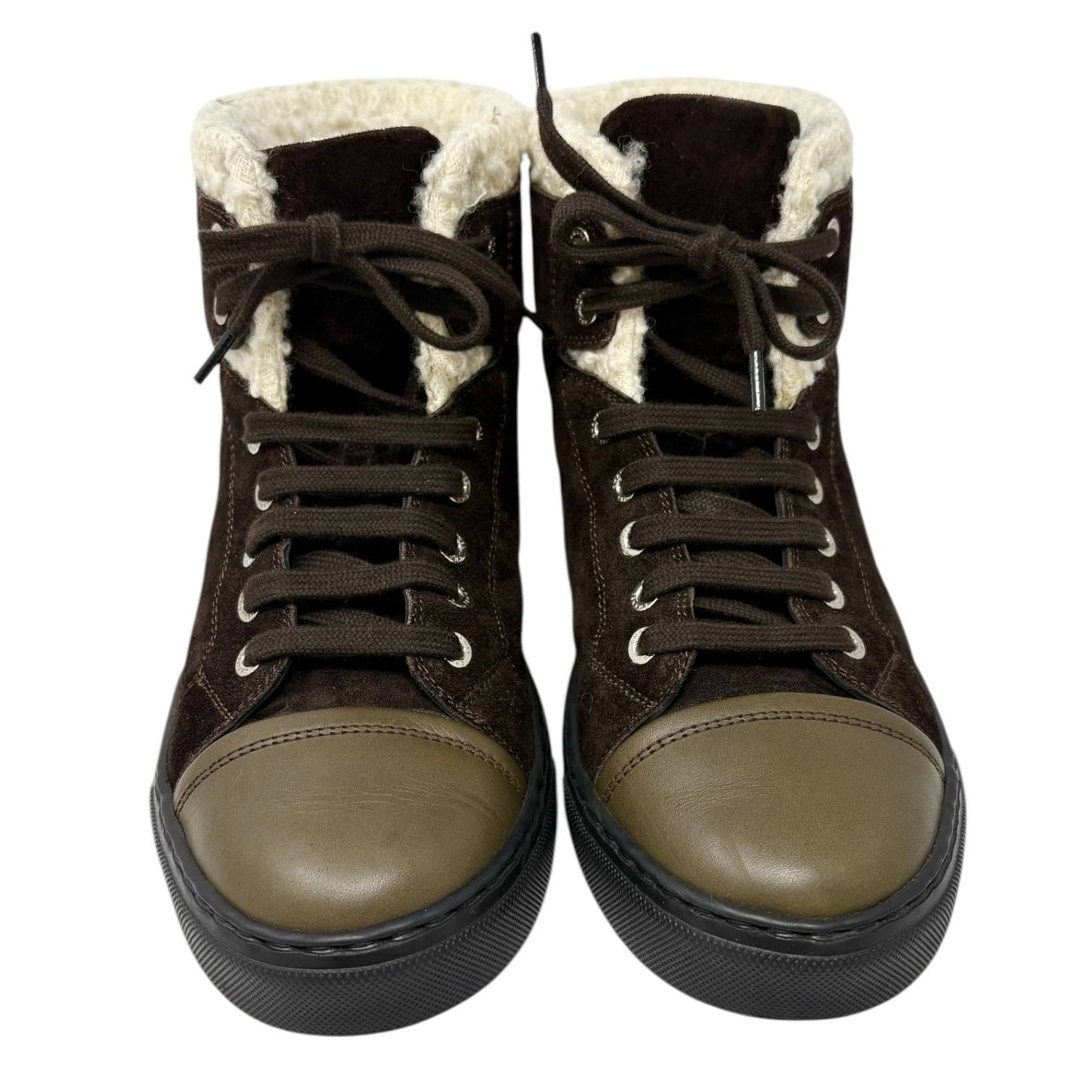 CHANEL Vintage 15A CC Suede Shearling High-cut Sneakers #38 Olive Green Brown