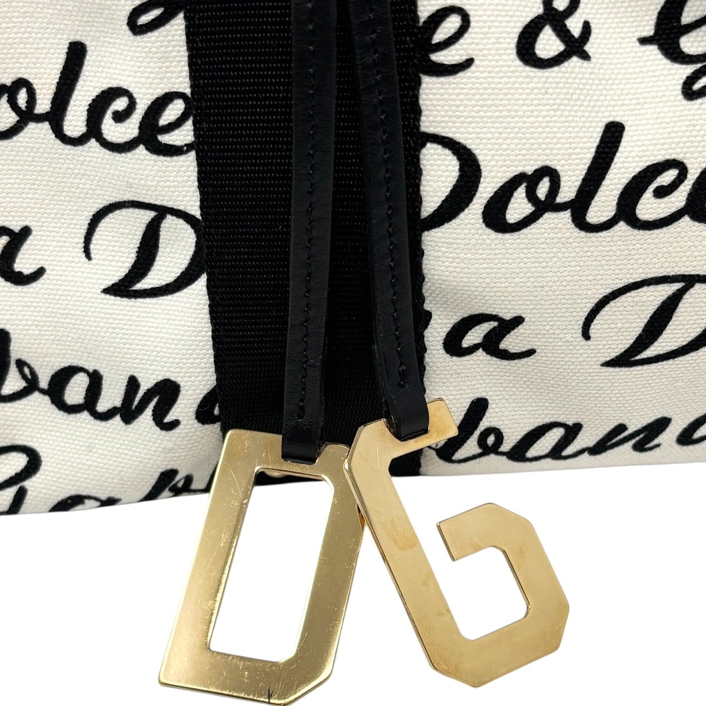 DOLCE&GABBANA Vintage D&G Logo Shoulder Bag White Black Gold Canvas Leather