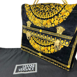 GIANNI VERSACE Vintage Medusa Logo Top Handle Bag Black Gold Velour Rank AB