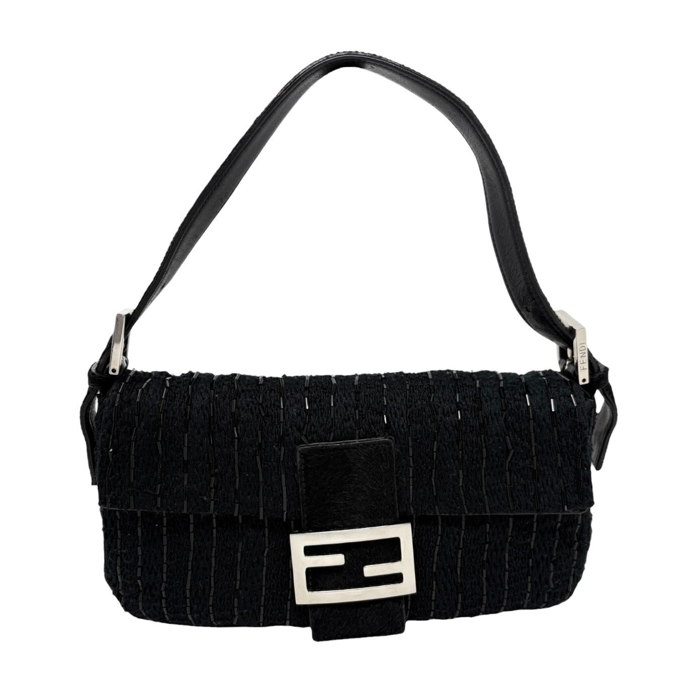 FENDI Vintage FF Logo Beads Knit Mamma Baguette Shoulder Bag Black 901891