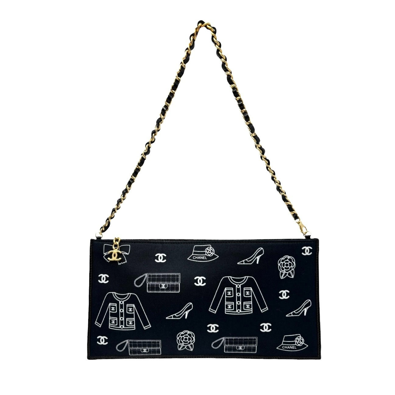 CHANEL Vintage CC Logo Icon Print Canvas Shoulder Bag Pochette Dark Blue Chain