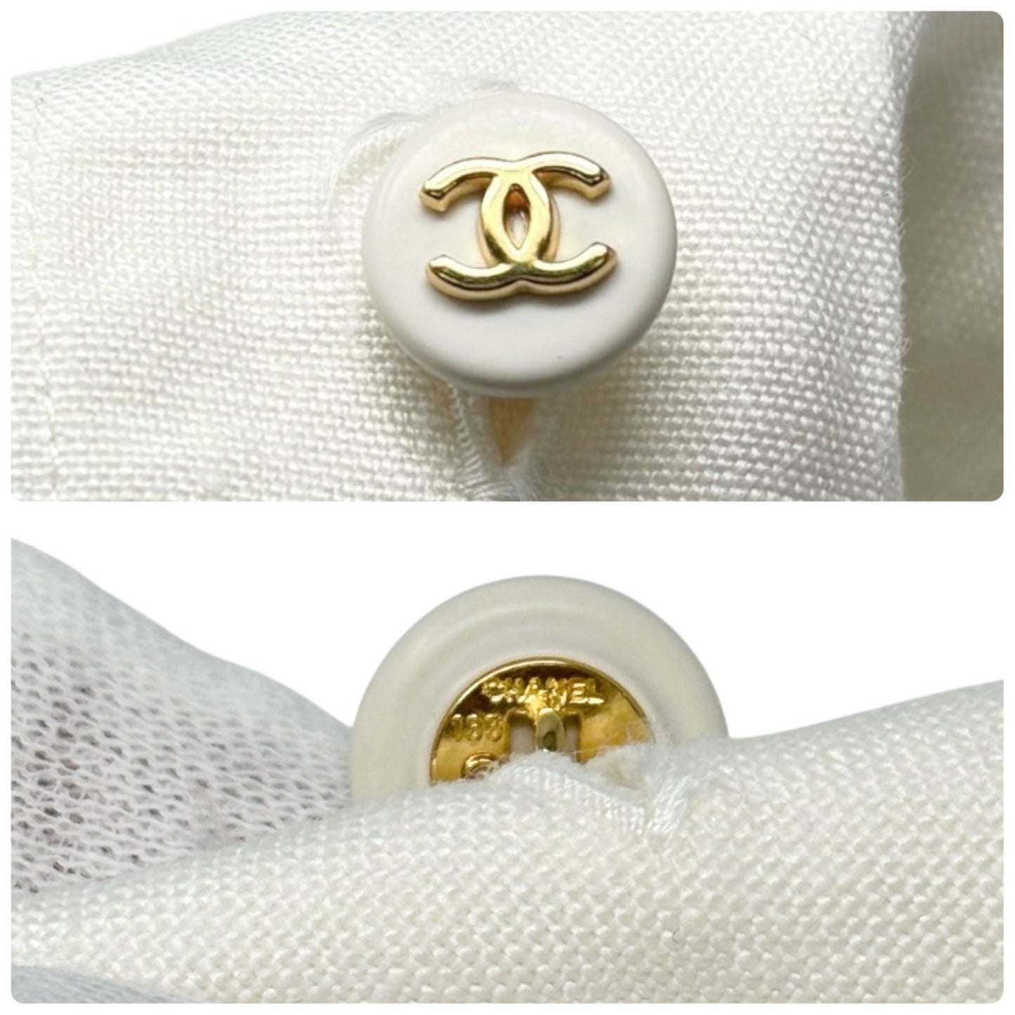 CHANEL Vintage 97P CC Logo Button Linen Shirt Top #40 Short Sleeve White Gold