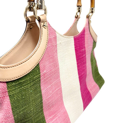 GUCCI Vintage Bamboo Stripe Hobo Shoulder Bag Handbag Multicolor Canvas 902335
