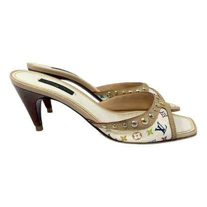 LOUIS VUITTON Vintage Monogram Multicolor Studs Sandals #38 White Gold 902551