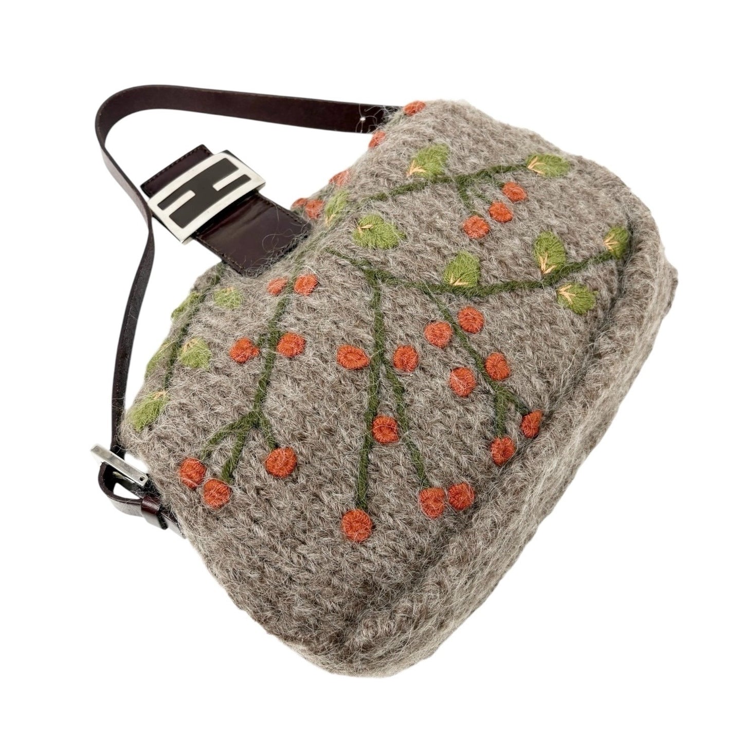 FENDI Vintage FF Mamma Baguette Wool Knit Shoulder Bag Gray Brown Flower