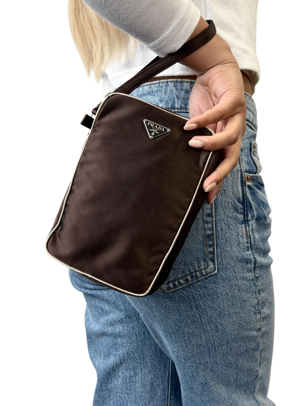 PRADA Vintage Triangle Logo Satin Wristlet Clutch Bag Brown Beige Pouch