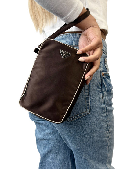 PRADA Vintage Triangle Logo Satin Wristlet Clutch Bag Brown Beige Pouch