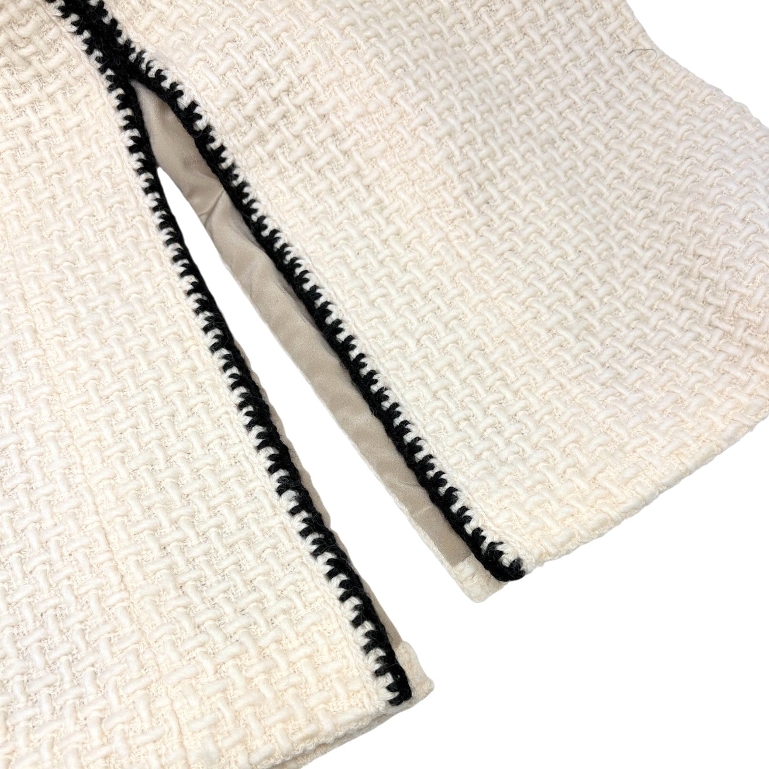 CHANEL Vintage 00A CC Logo Tweed Long Coat Fur Jacket #38 Zip Cream Black Wool