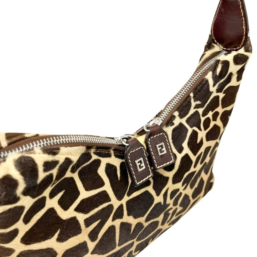 FENDI Vintage Zucca Logo Giraffe Print Shoulder Bag Brown Beige Calf Hair
