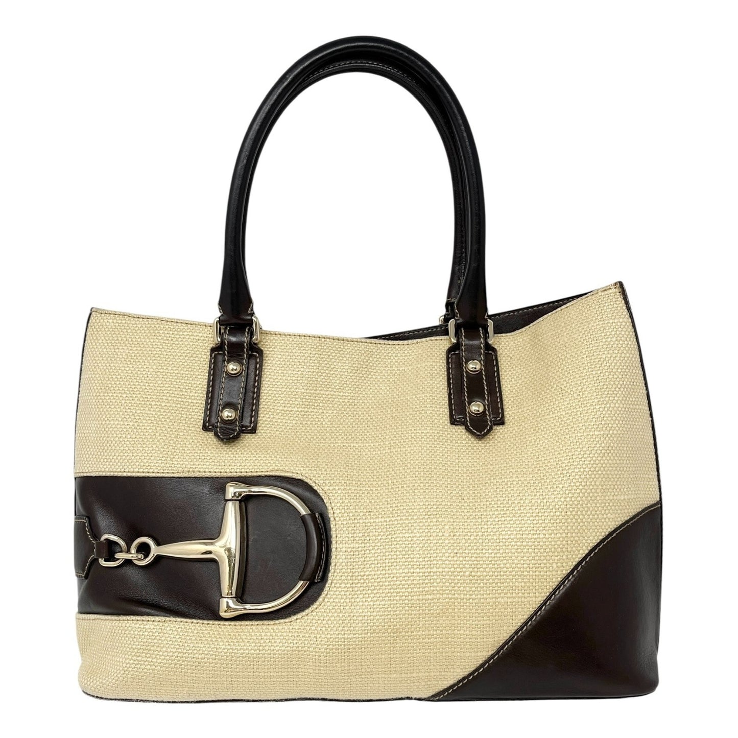 GUCCI Vintage Horsebit Shoulder Tote Bag Beige Brown Silver Cotton Leather