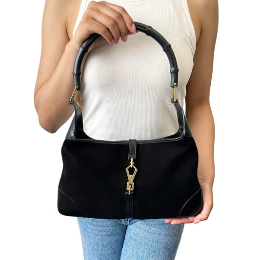Gucci Vintage Bamboo Top Hobo Shoulder Bag Black Gold Suede Leather 106544