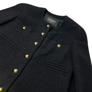 CHANEL Vintage CC Logo Long Tweed Jacket #M Coat Black Gold Wool Silk Button