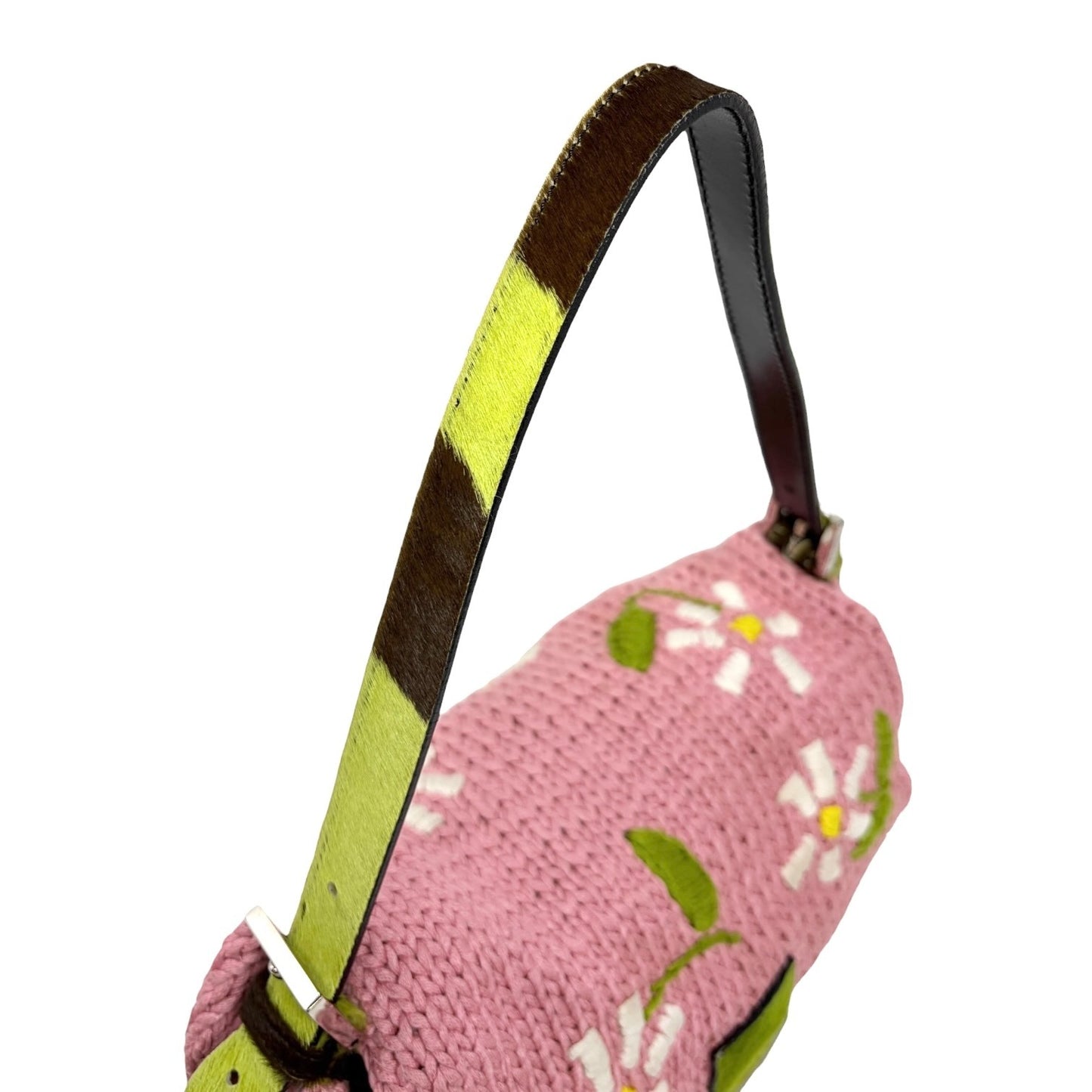 FENDI Vintage Mamma Baguette Crochet Shoulder Bag Flower Pink Wool 901957