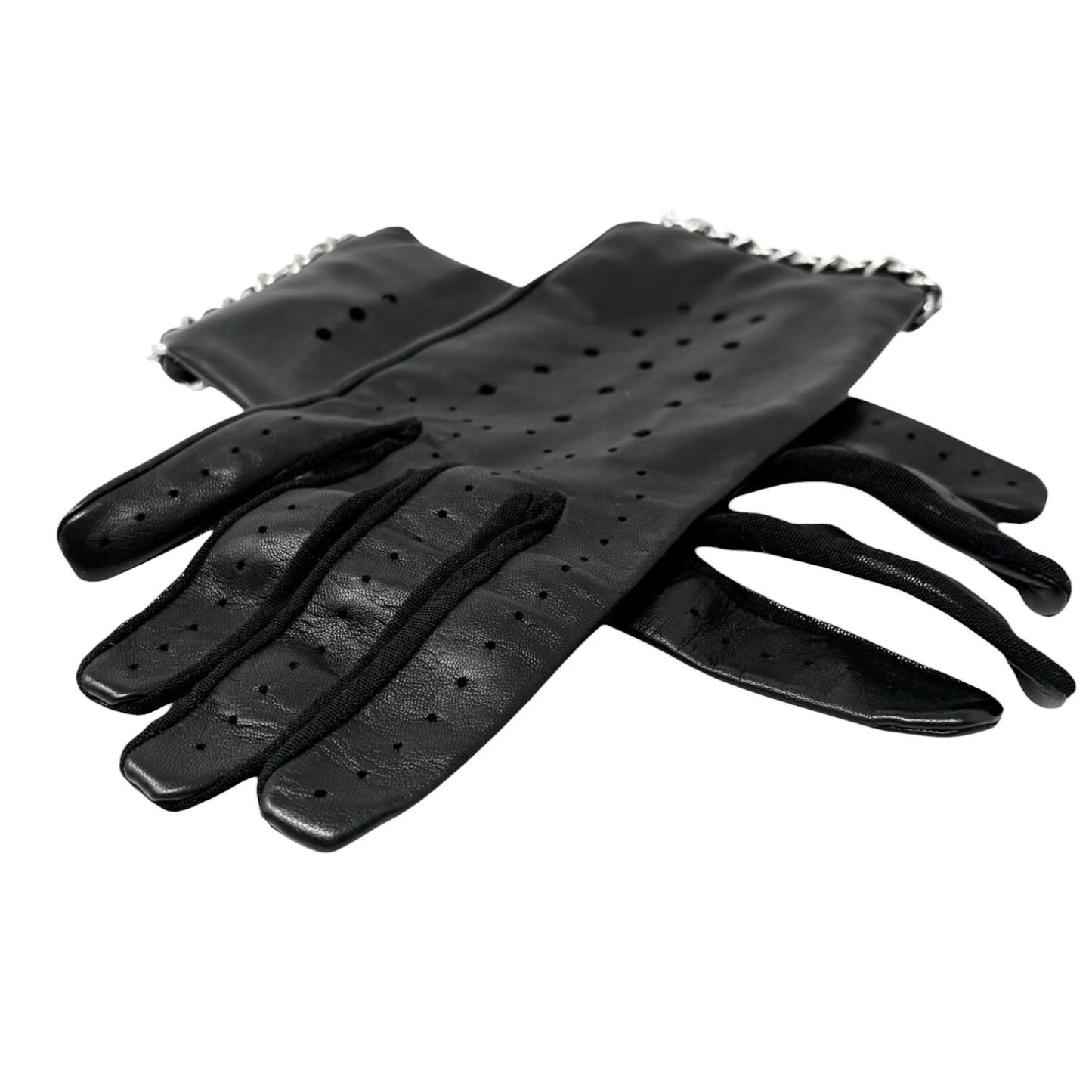 CHANEL Vintage CC Logo Chain Leather Perforated Gloves #7.5 Black Silver 901842
