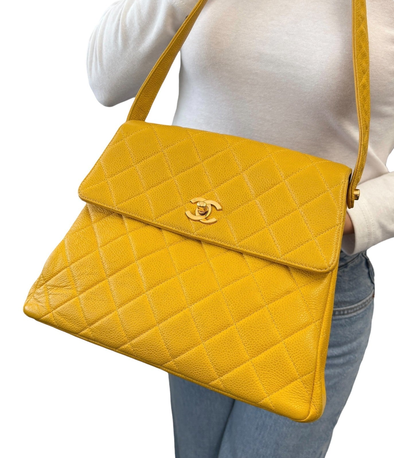 CHANEL Vintage CC Logo Turnlock Quilted Flap Shoulder Bag Yellow Gold Leather
