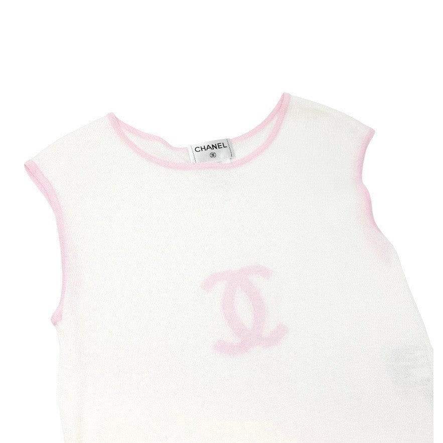 CHANEL Vintage 00S CC Mark Logo Sleeveless Top Tank Knit Cotton White Pink
