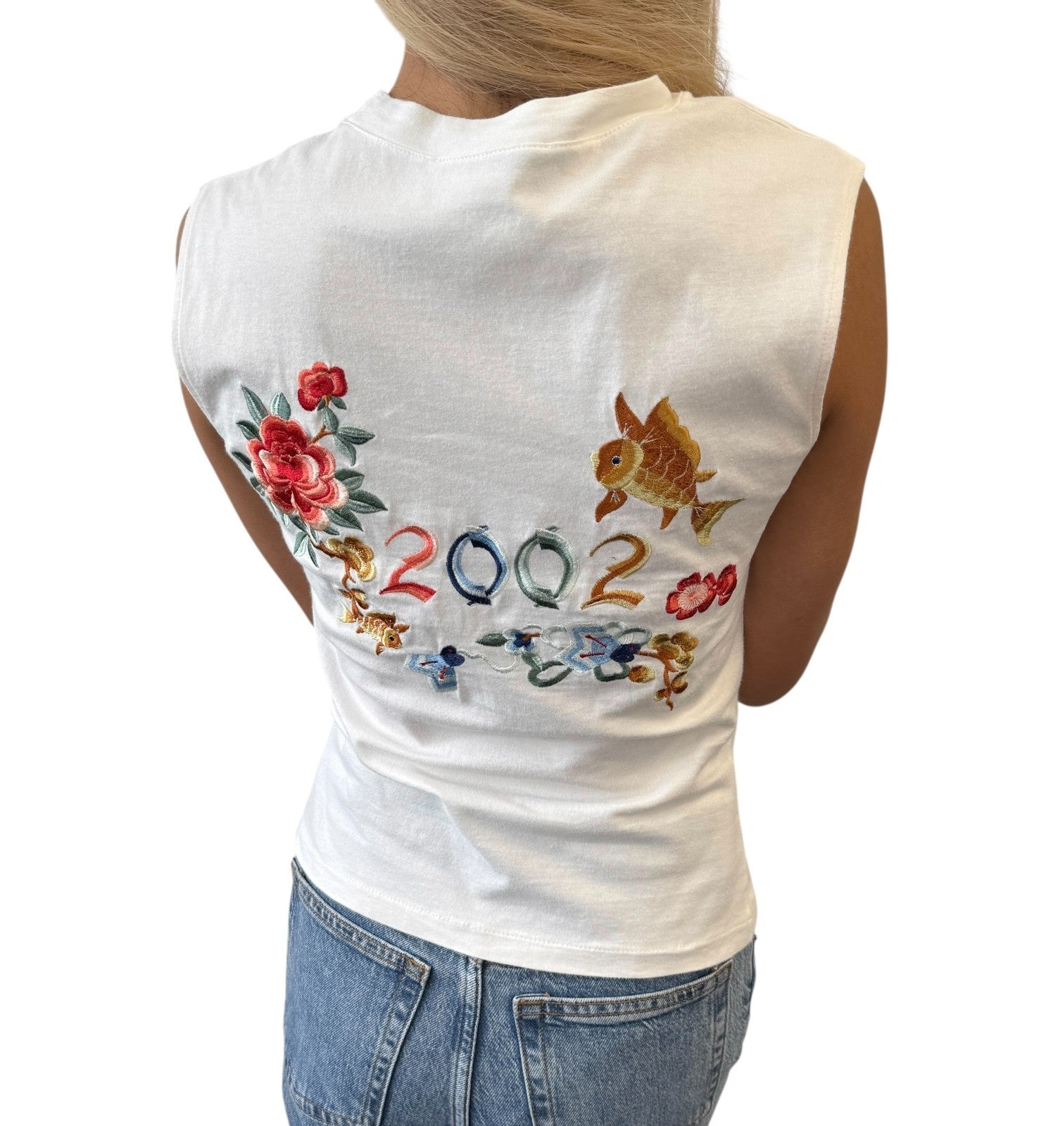 Christian Dior Vintage 2002 Goldfish Floral Embroidery Tank Top #38 White