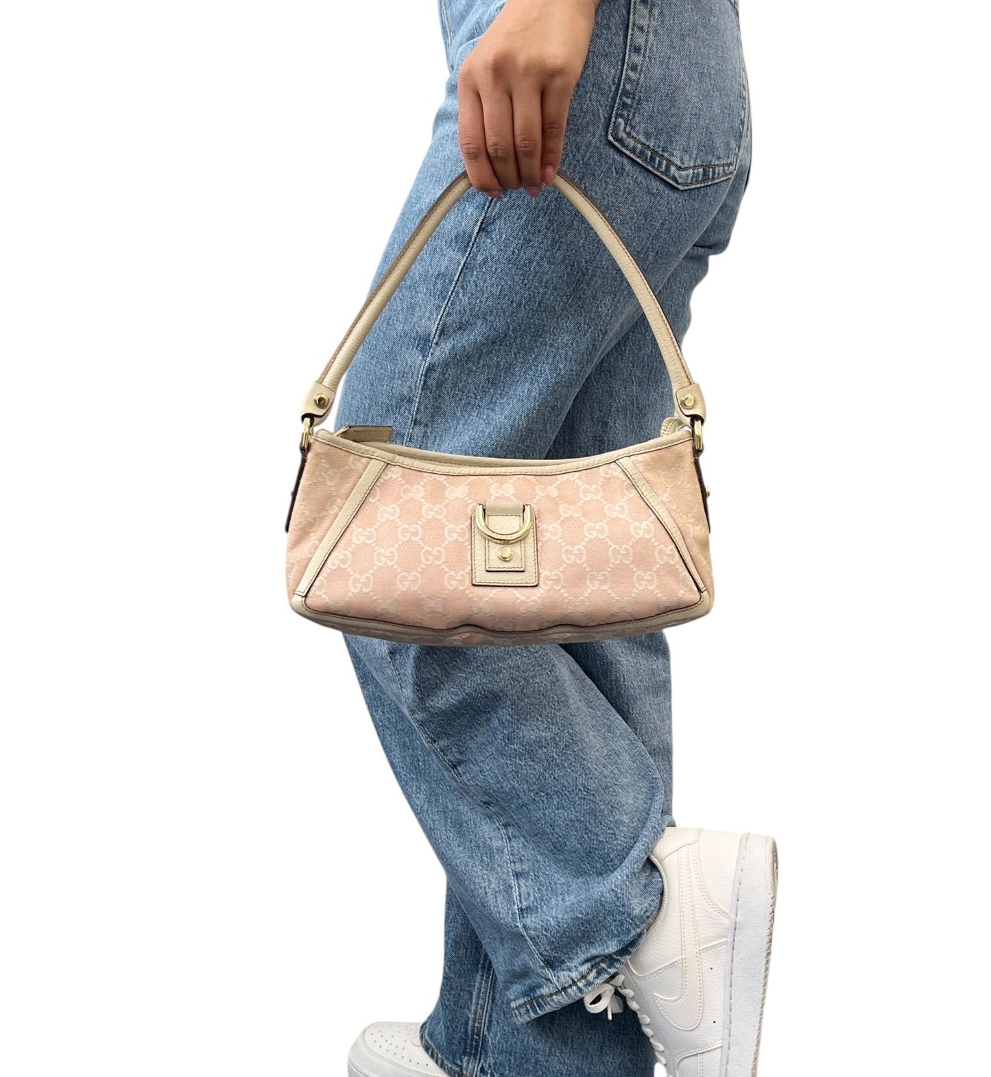 GUCCI Vintage GG Monogram Abbey Shoulder Bag Pochette Pink White Canvas 901804