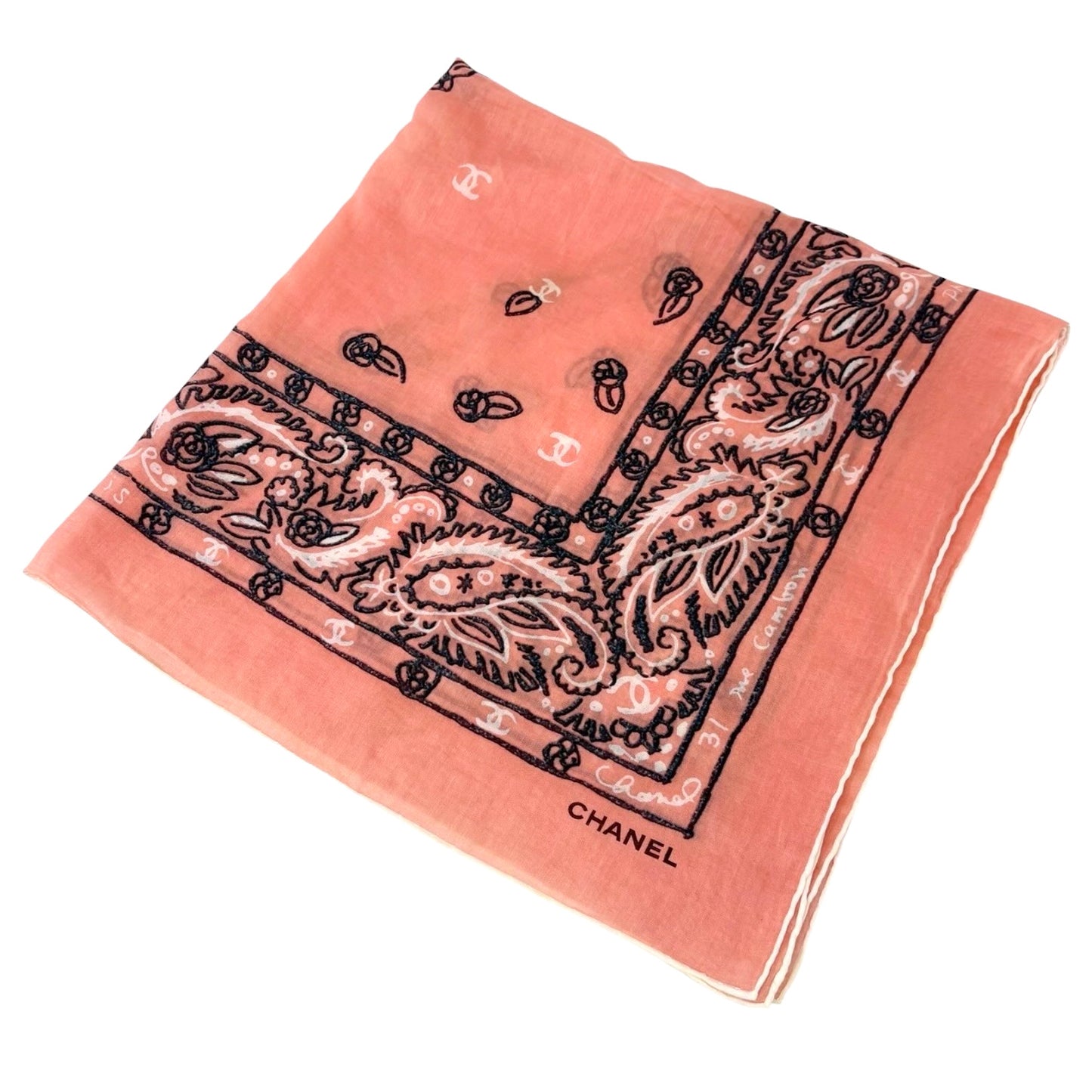 CHANEL Vintage CC Logo Paisely Print Scarf Salmon Pink Black Cotton 901810