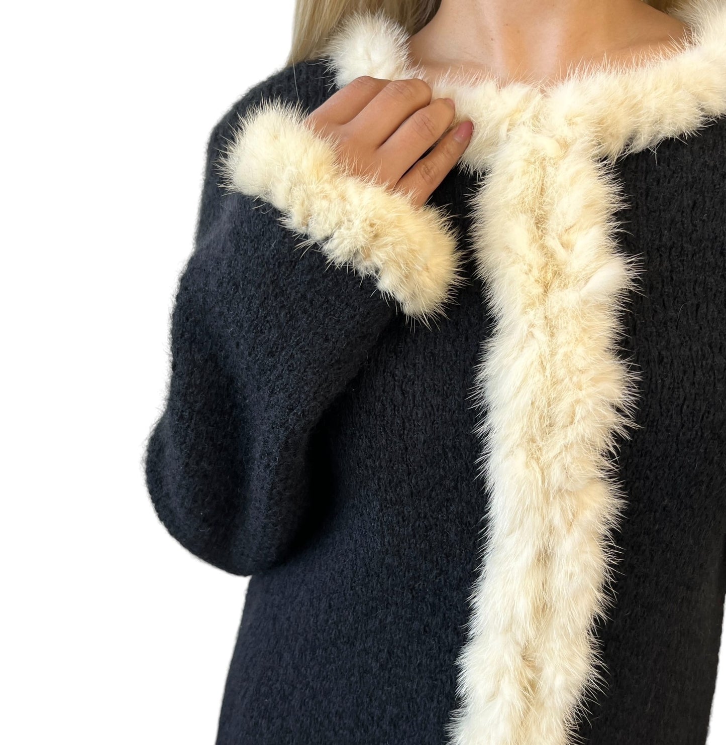 CHANEL Vintage 03A CC Logo Button Fur Trim Knit Jacket #42 Black White Mohair