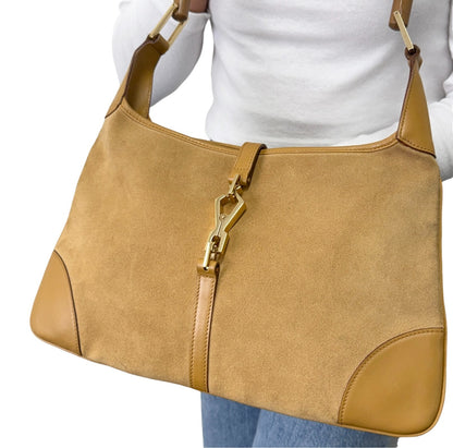 Gucci Vintage Bamboo Handle Hobo Shoulder Bag Beige Gold Suede Leather 902823