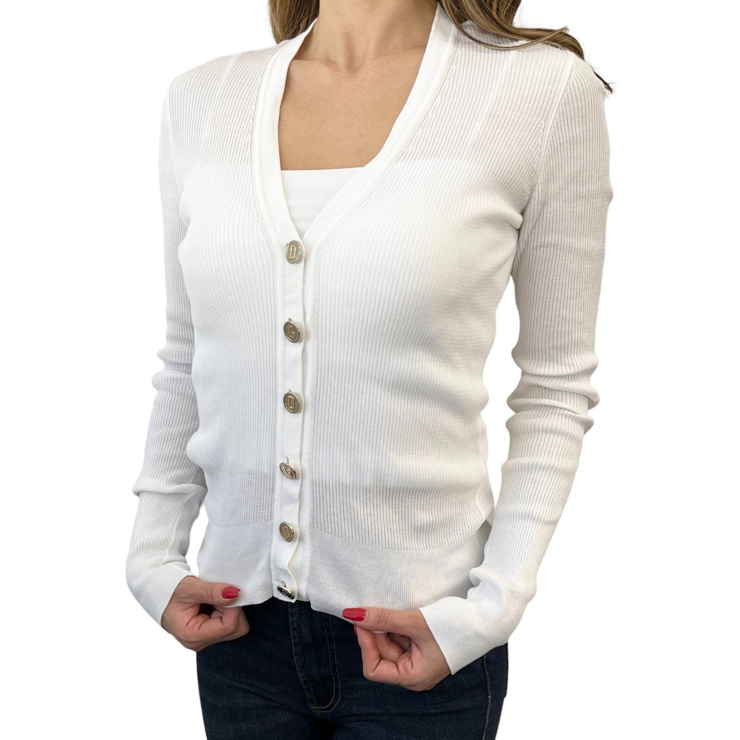 DOLCE&GABBANA Vintage Cardigan Sweater Button Rib V-neck White Cotton RankAB