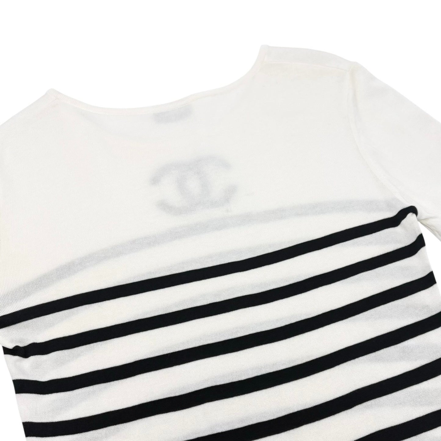 CHANEL Vintage CC Logo Strip T-shirt Top #38 White Black Cotton Short Sleeve