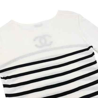 CHANEL Vintage CC Logo Strip T-shirt Top #38 White Black Cotton Short Sleeve