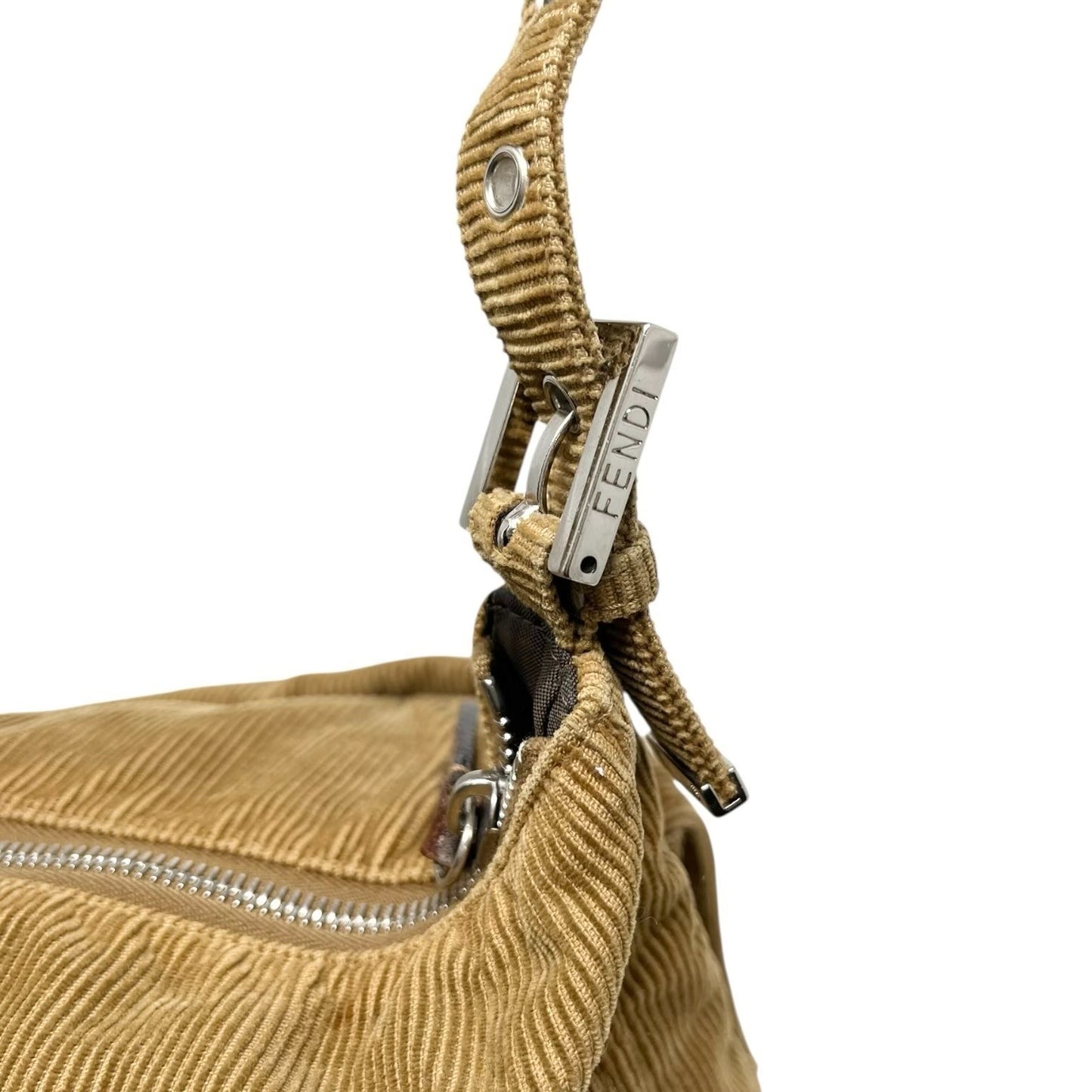 FENDI Vintage FF Logo Mamma Baguette Corduroy Shoulder Bag Beige Silver