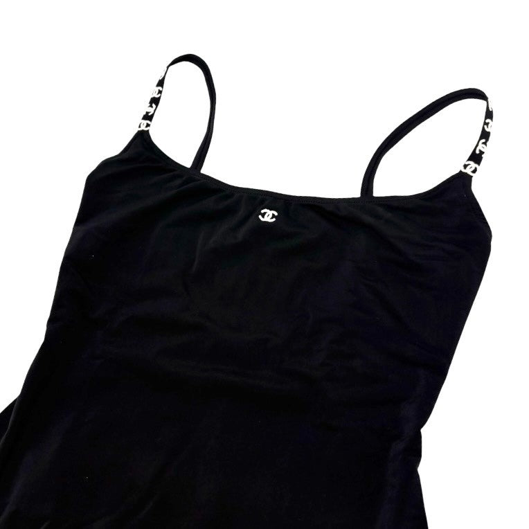 CHANEL Vintage 97P CC Mark Logo Swimwear Swimsuit #38 Black White Nylon